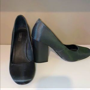 Shoes- dark jeweled green color, satin pumps.